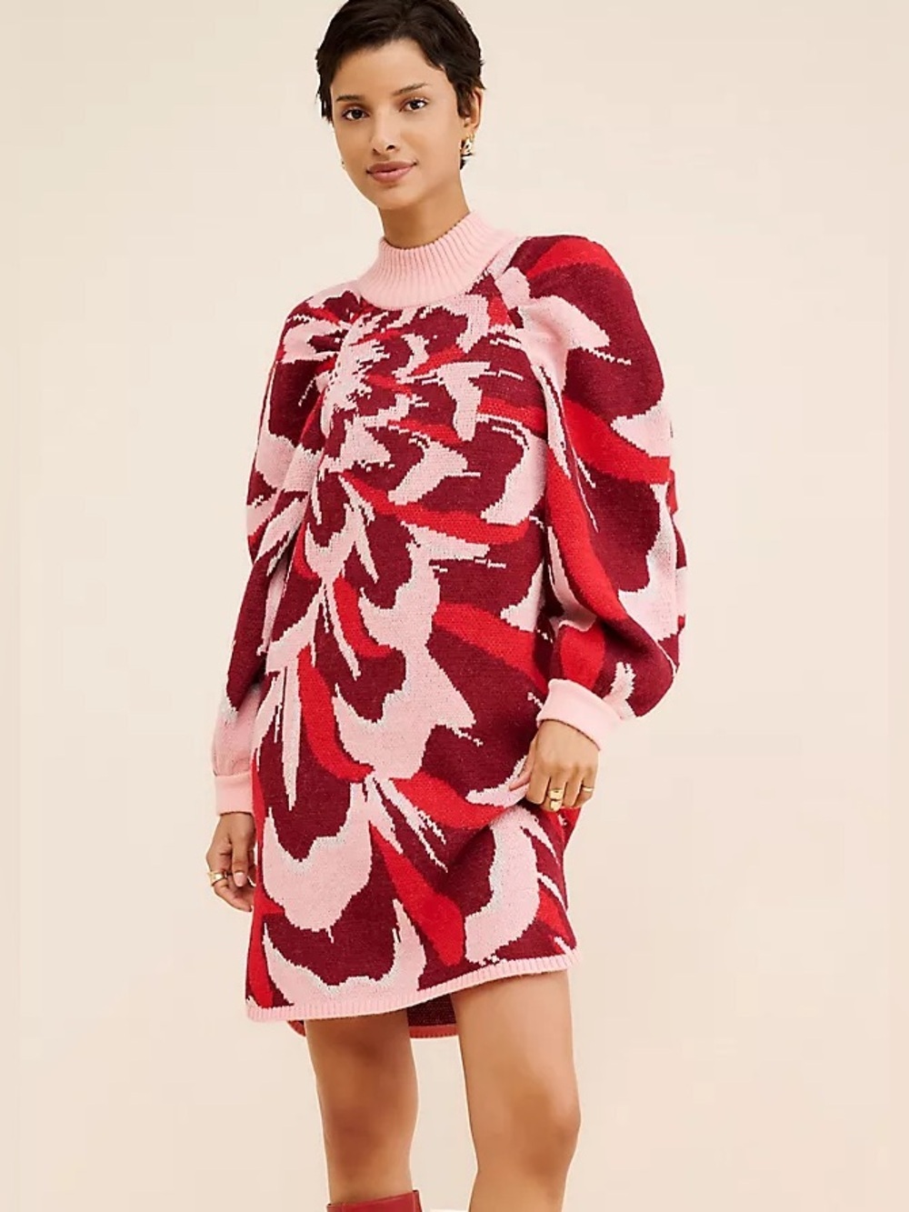 Farm Rio Flower Knit Balloon Sleeve Cozy Maximalist Mini Dress L